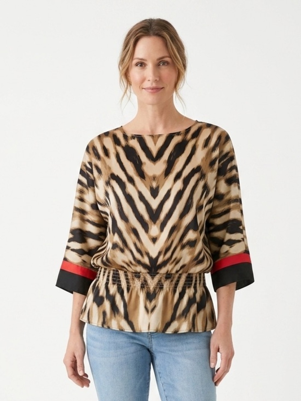 Chico’s Animal Tiger Red Brown Silky Tunic Top Sz 0 ddr EUC